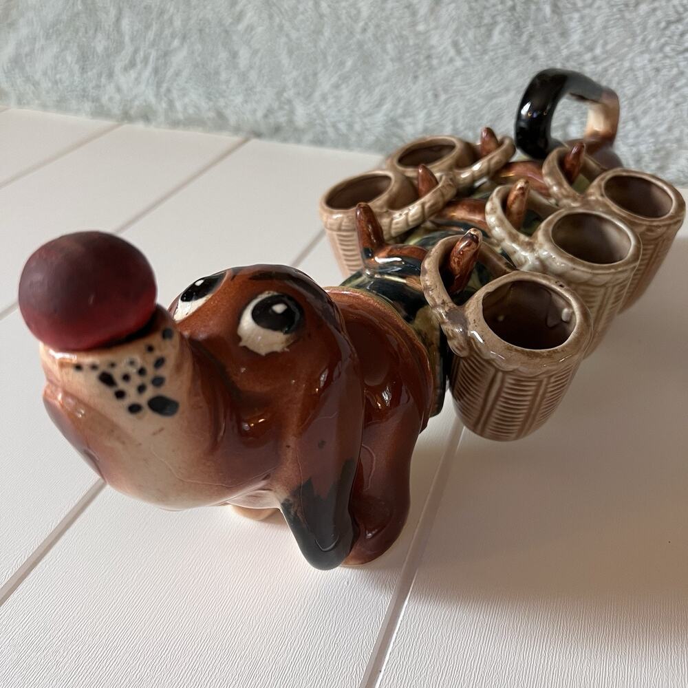 Dachshund Decanter hanging shot glasses Red nose JAPAN Wiener Dog Vintage